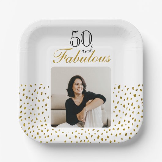 50 en Fabulous Gold Glitter Photo 50th Birthday Papieren Bordje (Voorkant)