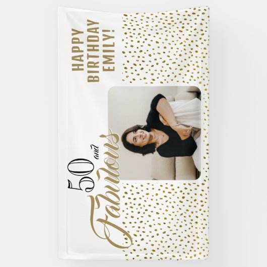 50 en Fabulous Gold Glitter Photo 50th Birthday Spandoek (Verticaal)