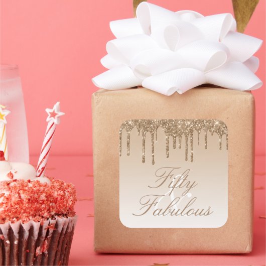 50 en Fabulous Gold Sparkle Glitter Drip Vierkante Sticker (Feest)