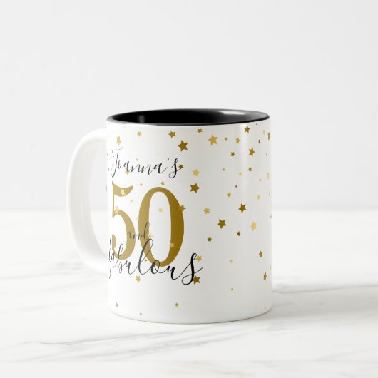 50 en Fabulous Goud en Zwart Script Verjaardag Tweekleurige Koffiemok (Voorkant links)