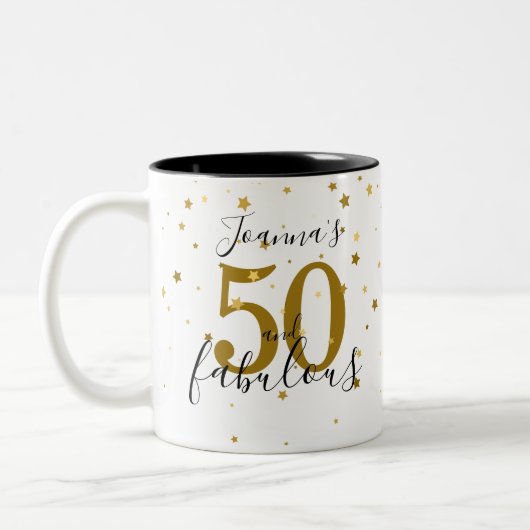 50 en Fabulous Goud en Zwart Script Verjaardag Tweekleurige Koffiemok (Links)