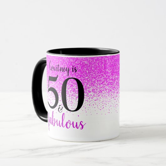 50 en fabulous hete roze confetti scriptnaam mok (Voorkant links)