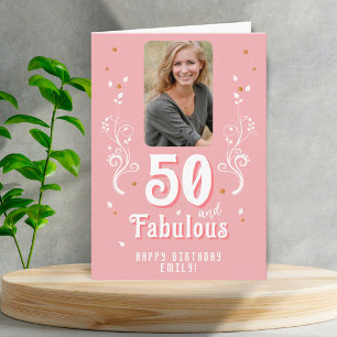 50 en Fabulous Loofwerk Roze Foto 50ste Verjaardag Kaart