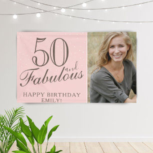 50 en Fabulous Modern Pink 50th Birthday Foto Spandoek
