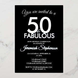 50 en Fabulous Modern Zwart Zilver 50e Verjaardag Folie Uitnodiging