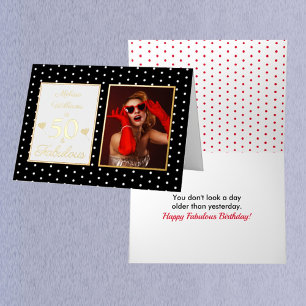 50 en Fabulous Name Photo Black White Birthday Folie Wenskaart