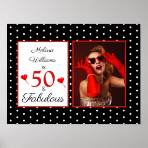 50 en Fabulous Photo Red 50th Birthday BLK WH SM Poster