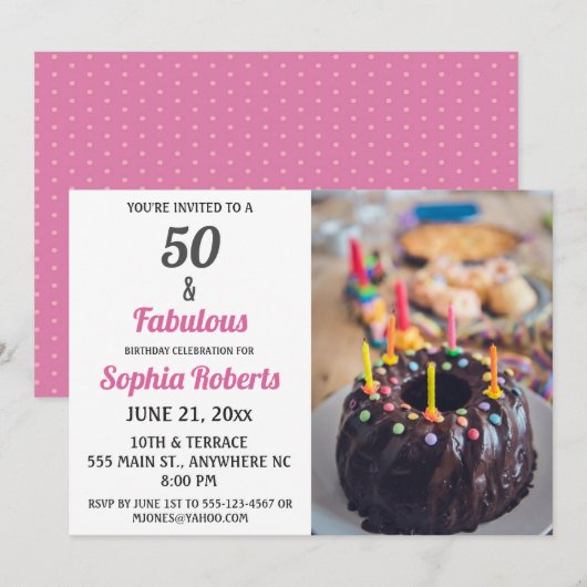 50 en Fabulous Pink 50th Birthday Invitation Kaart (Voorkant / Achterkant)