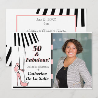 50 en Fabulous Pink Black Stripe Photo Invitation Kaart
