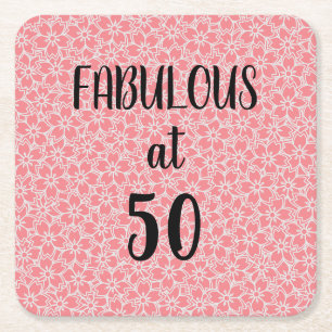 50 en Fabulous Pink Flowers Birthday Square Pape Vierkante Kartonnen Onderzetter