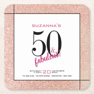 50 en Fabulous Pink Glitter Party Uitnodiging Vierkante Kartonnen Onderzetter