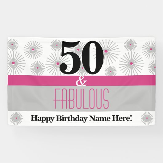 50. en Fabulous Pink Grey Birthday Party Spandoek (Horizontaal)