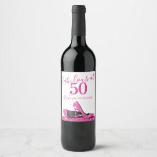 50 en Fabulous Pink Heels Verjaardag Mousserende W Wijn Etiket