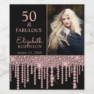 50 en Fabulous Roos Gold Drips Birthday Party Wijn Etiket
