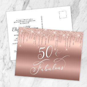 50. en Fabulous Roos Gold Glitter Birthday Party Uitnodiging Briefkaart