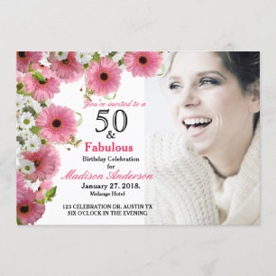 50 en Fabulous roze Bloemen 50e verjaardag foto Kaart