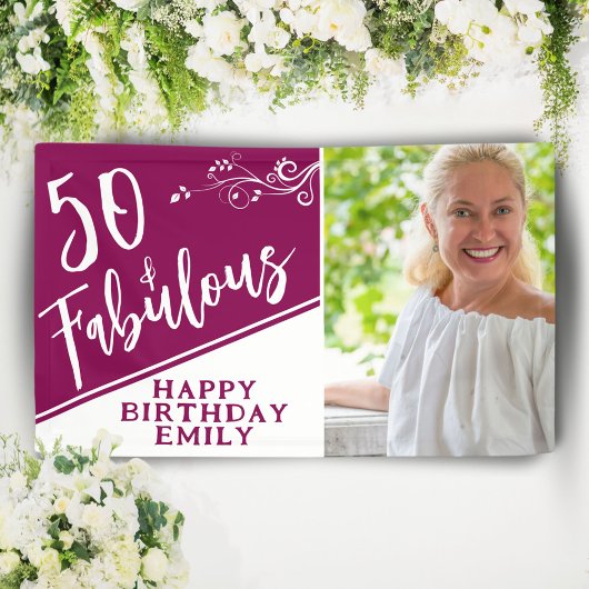 50 en Fabulous Script Foto Magenta 50ste Verjaarda Spandoek