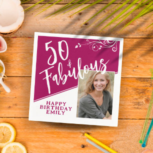 50 en Fabulous Script Photo Magenta 50th Birthday Servet