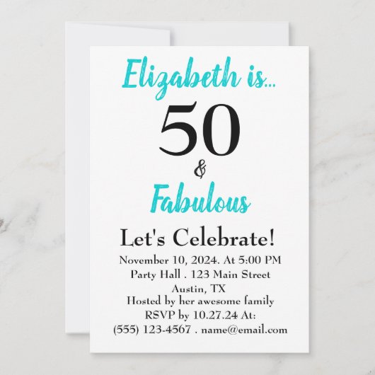 50 en Fabulous Turquoise Black Script uitnodiging (Voorkant)