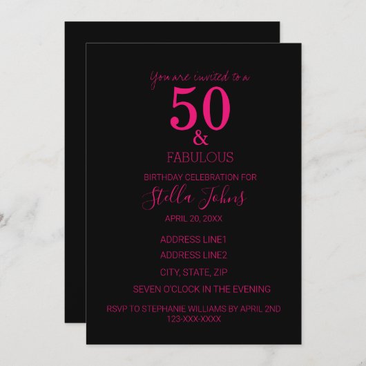 50 En Fabulous Verjaardagsfeestje Heet Roze Zwart  Kaart (Voorkant / Achterkant)