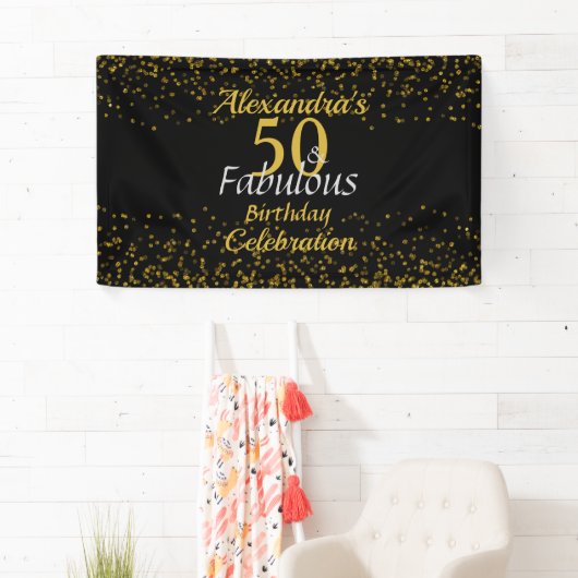 50 en Fabulous Zwart en Goud Spandoek (Insitu)