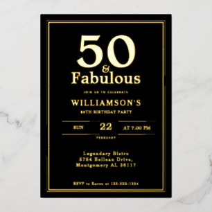 50 en Fabulous Zwart en Goud Verjaardag Folie Uitnodiging