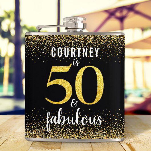 50 en fabulous zwart goud glitter scriptnaam heupfles