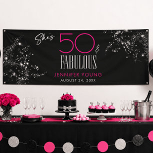 50 en Fabulous Zwart Roze Glam Glitter Verjaardag Spandoek