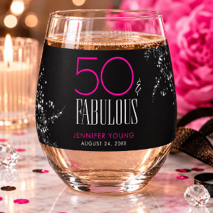 50 en Fabulous Zwart Roze Glam Glitter Verjaardag Wijnglas Zonder Voet