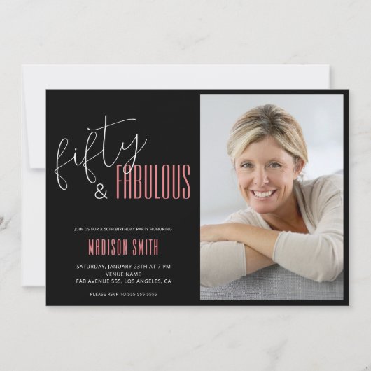50 en fantastische foto zwart en roze 50e verjaard kaart (Voorkant)