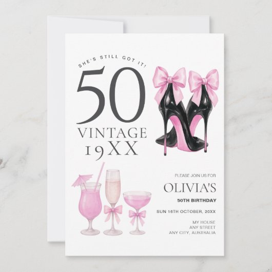 50 en fantastische roze hakken & cocktails uitnodi kaart (Voorkant)
