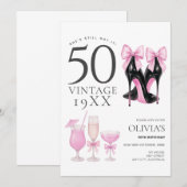 50 en fantastische roze hakken & cocktails uitnodi kaart (Voorkant / Achterkant)