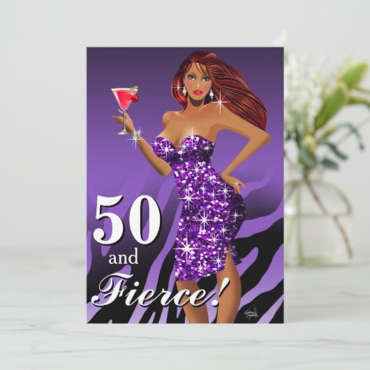 50 en Fierce Glam Sparkly Zebra Bombshell paars Kaart (Staand voorkant)