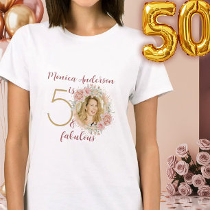 50 en Prachtig Roze Bloemig Goud Foto Verjaardag T-shirt