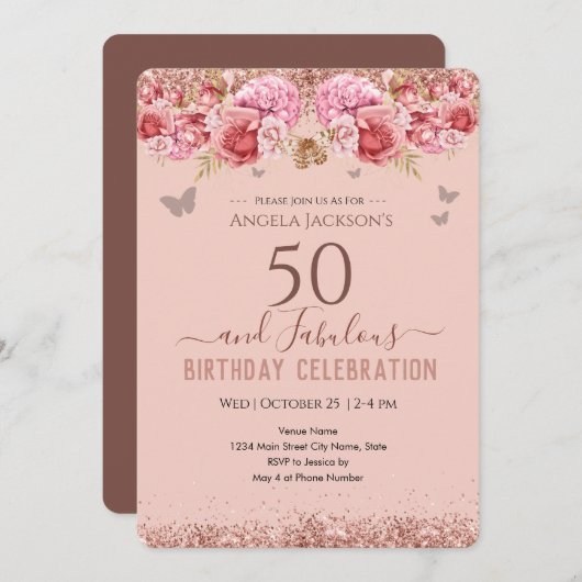 50 et fabuleux Adulte Anniversaire rose Invitation (Devant / Derrière)