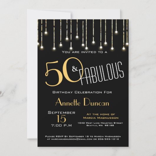 50 et fabuleux Black Gold Lights Glam Invitation (Devant)
