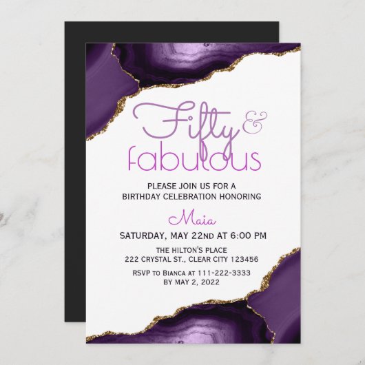 50 et fabuleux blanc violet Agate Invitation (Devant / Derrière)