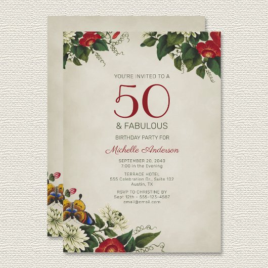 "50 et fabuleux" Floral Birthday Party Invitation