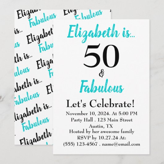 50 et Fabuleux Turquoise Black Script Invitation (Devant / Derrière)
