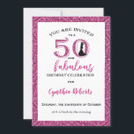 50 et Fabulous rose Invitation d'anniversaire<br><div class="desc">Vous êtes invités à une célébration d'anniversaire 50 et fabuleuse avec bordure et texte rose glittery.  Ajoutez le nom,  la date,  l'adresse et d'autres informations à l'avant et à l'arrière de la carte.  Recherchez également les étiquettes de adresse,  autocollants et enveloppes correspondants.</div>