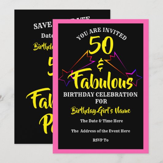 50 & Fabuleux Anniversaire Invitation de fête - (Devant / Derrière)