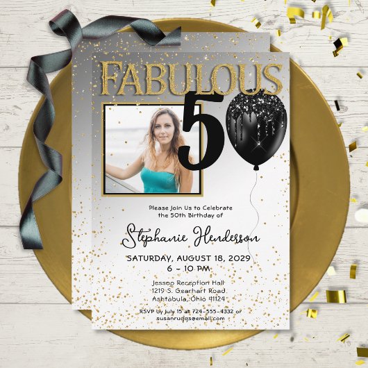 50 & Fabuleux Black Gold Glam Invitation Anniversa