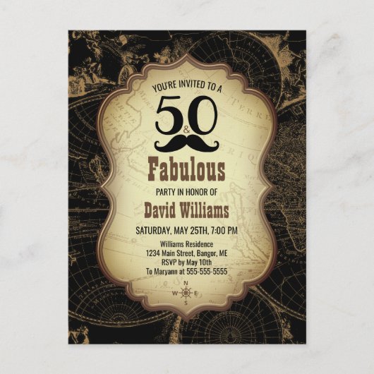 50 Fabuleux Moustache Carte Vintage Anniversaire (Devant)