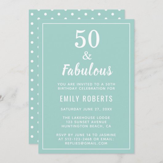 50 & Fabuleux Turquoise Blue 50e Invitation annive (Devant / Derrière)