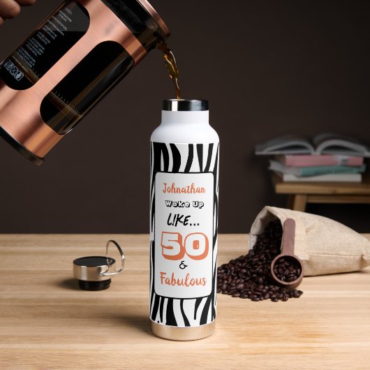 50- & Fabulous 50th Birthday Black Tiger Print Waterfles (Koffie)