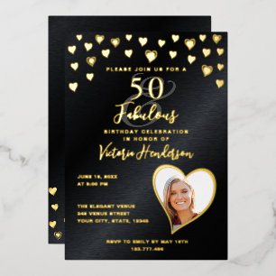 50 & Fabulous Birthday Photo Black & Gold Folie Uitnodiging
