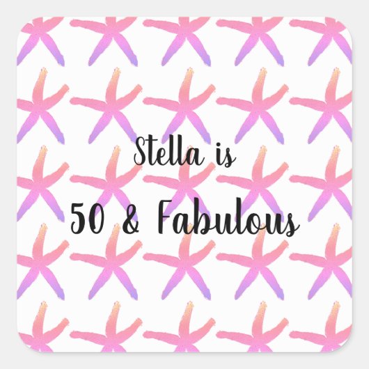 50 & Fabulous Birthday Starfish Patterns Roze Scha Vierkante Sticker (Voorkant)