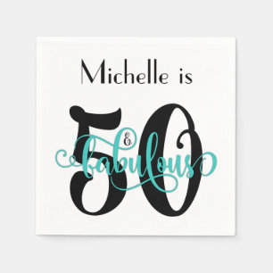 50 & Fabulous Black en Aqua Typography Birthday Servet