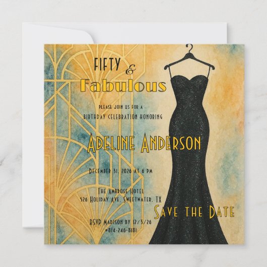50 Fabulous Black Gold Art Deco Save The Date Card (Devant)