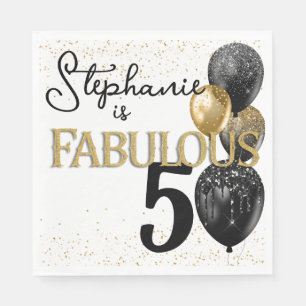 50 & Fabulous Black Gold Glam Birthday Napkin Servet